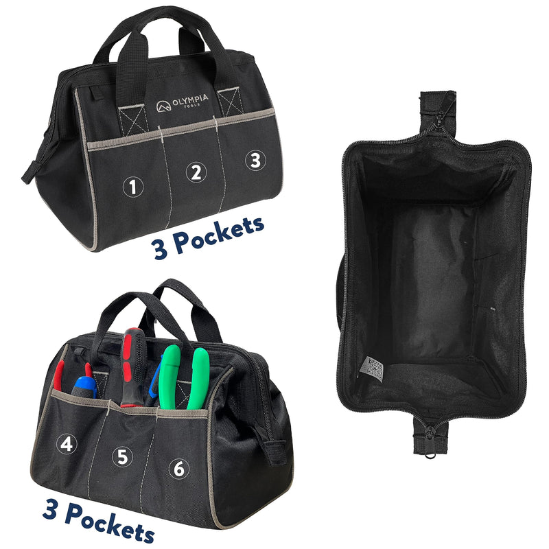 Olympia Tool Bag 12 Inch, Heavy Duty Tools Bag with 3 Large Pockets, Adjustable Shouder Straps and 600D Reinforced Material 12-Inch Black