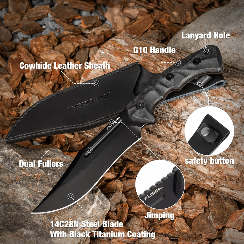 FLISSA 12.2-Inch Fixed Blade Bowie Knife with Leather Sheath, 14C28N Steel Full Tang Blade, G10 Handle for Outdoor Hiking, Camping, Hunting, Survival, Gift for Men Women