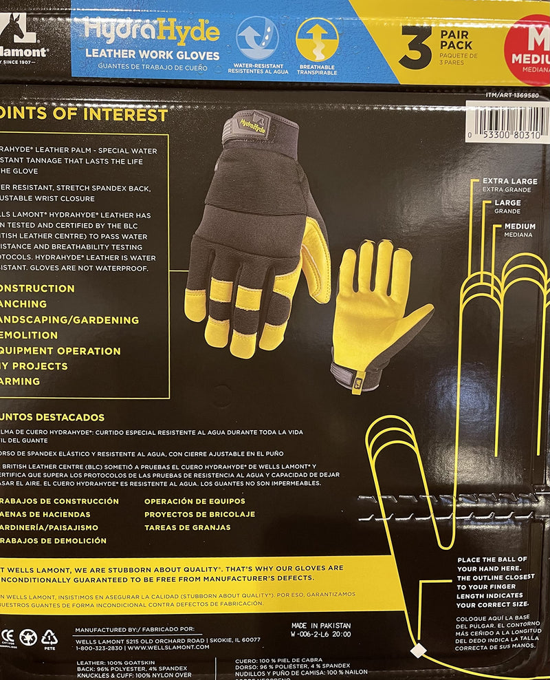 Wells Lamonts Leather Work Gloves Duty Safety Breathable HydraHyde Flexible Water Resistant (Medium) 3 Pack