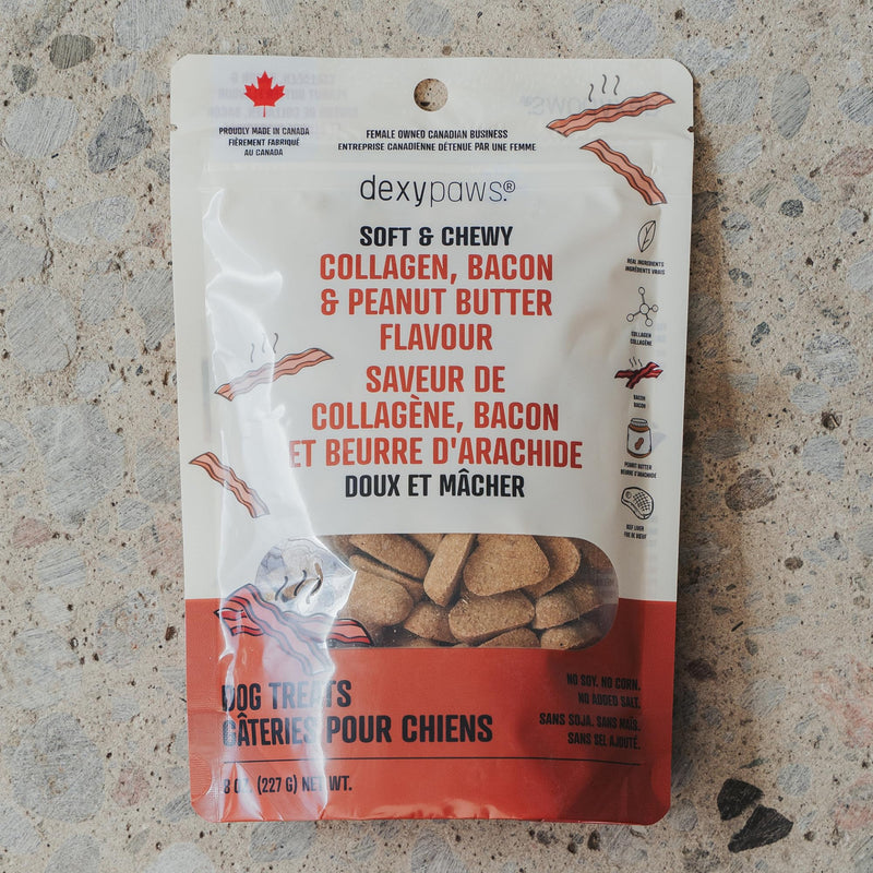 Dexypaws: Soft & Chewy - Collagen, Bacon & Peanut Butter - 8oz, Dog Treats, Joint Support, Skin & Coat Health, Pet Snack, Training & Reward Bites