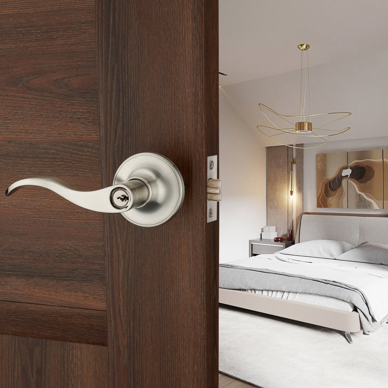 1 Pack of HENYIN Wave Lever Keyed Entry Door Lock/Door Knob Hardware Handle and Closet Lockset, Silver Color, with Key,Left Hand(805SN-L) 1 Pack ET(Left Hand)