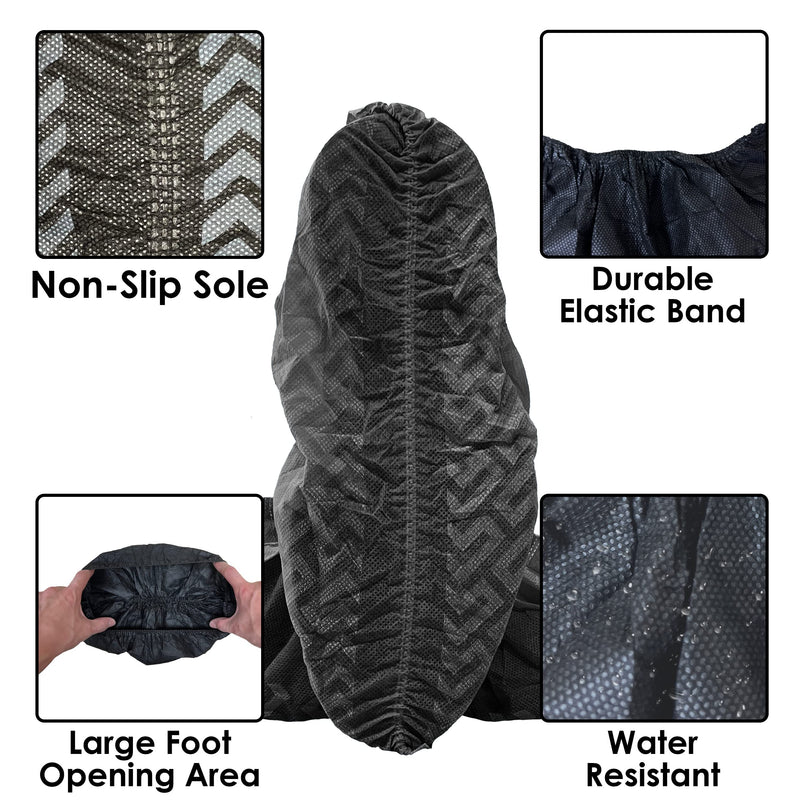 100 Pack Extra Large Disposable Black Boot and Shoe Covers. Reusable Water Resistant Durable Booties with Non Slip Treads for Indoor Use. Fits US Men's Size 14 and Women's 16 Shoe Size