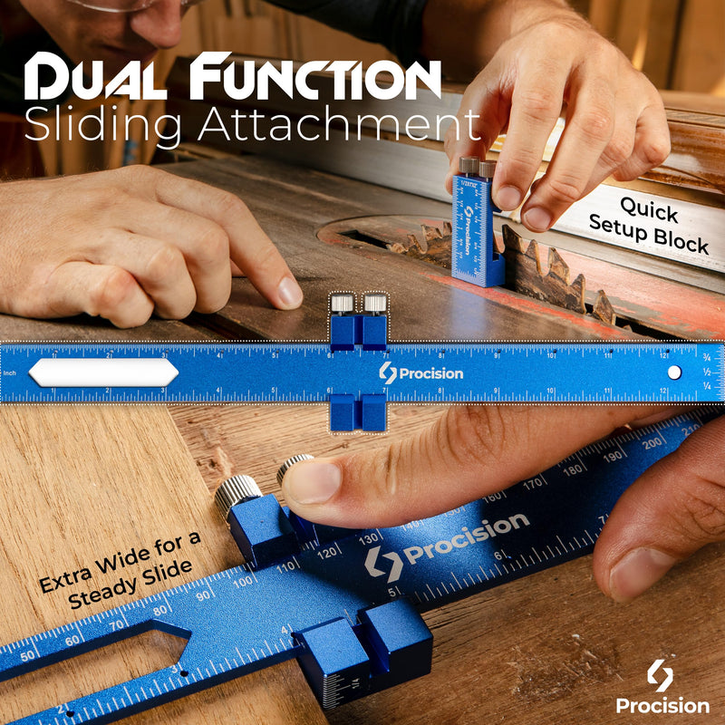 Procision Woodworking Ruler, Set of 3 (12, 8, 6 Inch), Precise Woodworking Pocket Ruler with Extra Wide 2" Sliding Attachment, Slide Rule T-Type Scribing Ruler Square Ruler Plus Mechanical Pencil