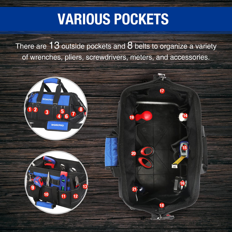 WORKPRO 16-inch Wide Mouth Tool Bag with Water Proof Molded Base Black&Blue