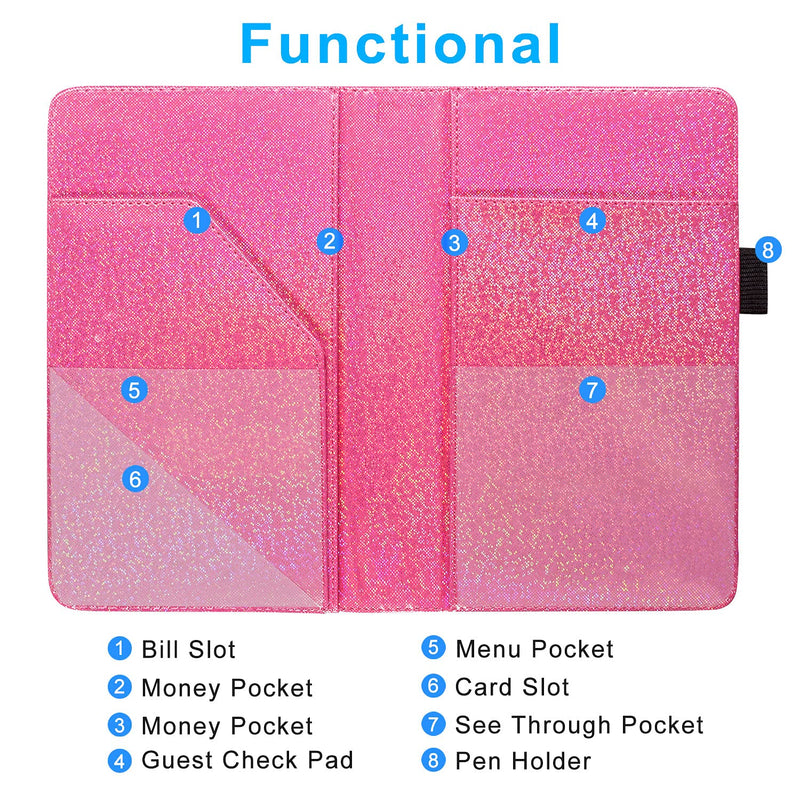 ACdream Server Books for Waitress, Guest Book Note Pad, Cute Pocket Leather Money Organizer Wallet, Cash Check Bill Receipt Holder Presenter, Waiter Accessories, Hot Pink Glitter E- Hot Pink Glitter
