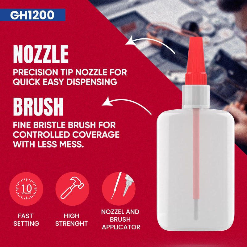 GH1200 (2-in-1) Super Glue with Brush Applicator & Nozzle, Mess Free Superglue Brush, Instant Glue Never Dries, 3000 CPS Cyanoacrylate Glue, No Stain Clear Glue, Super Glue for Plastic, Rubber & More 20g Super Glue with Nozzle & Brush