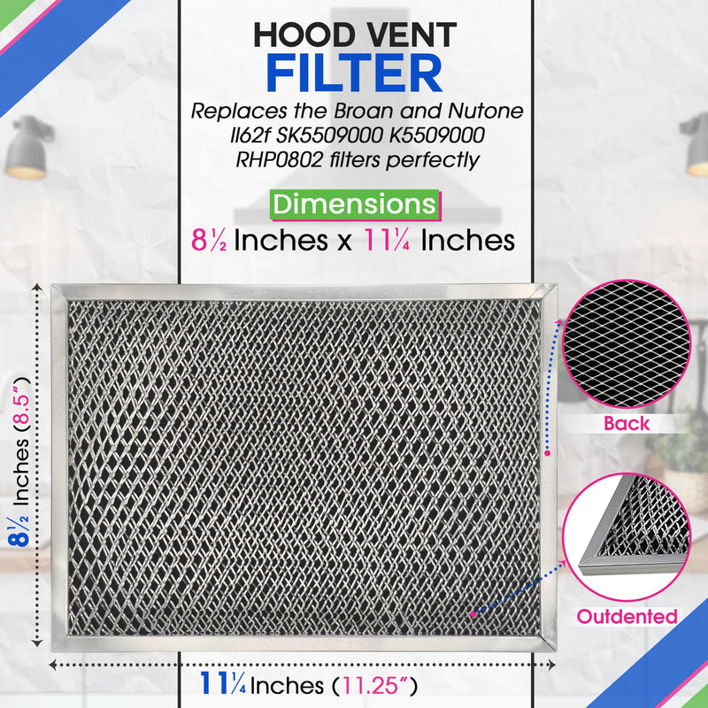 Range Hood Filter 8.50" x 11.25" for LL62F Combo Charcoal Grease Filter - Ductless Broan Range Hood Filter Replacement - Metal Mesh Screen Filters Grease and Carbon Freshens Kitchen Stove Air (2) 2