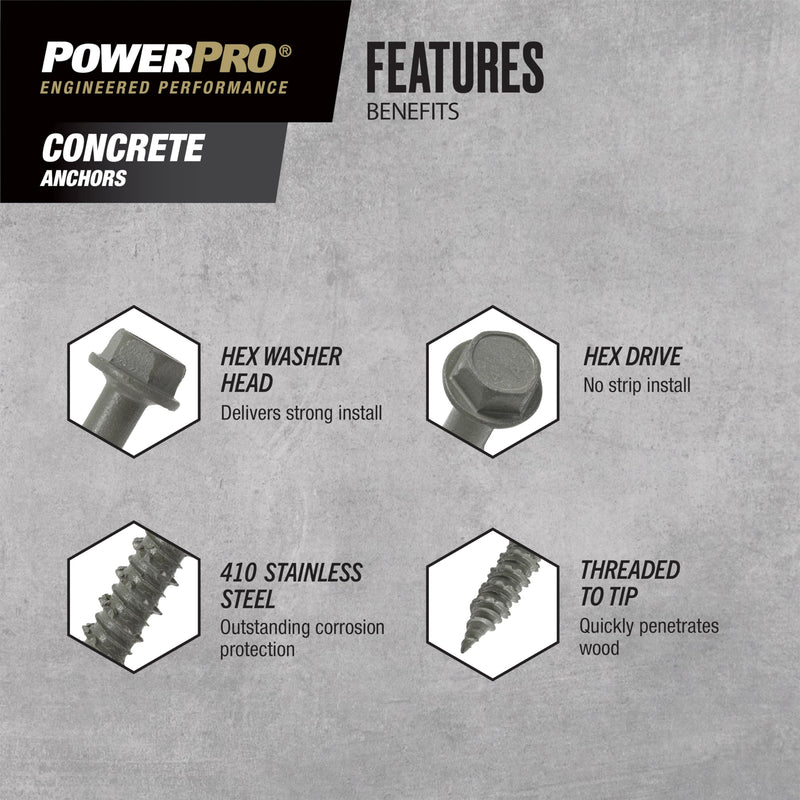 Power Pro Concrete Screw Anchors #410 Stainless Hex Washer (3/16" x 1-1/4") 50-Piece