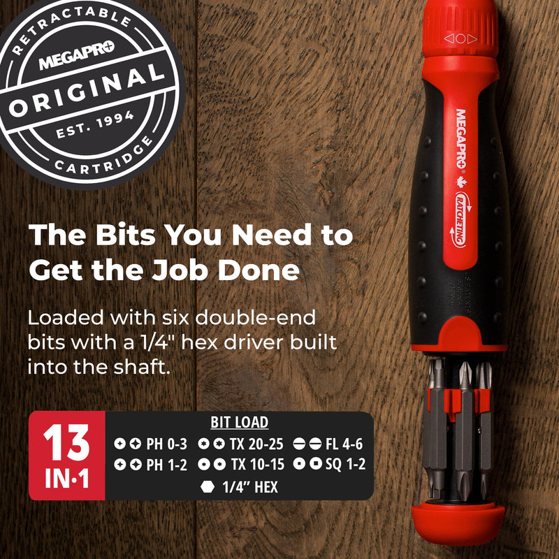 Ratcheting Screwdriver - 13-in-1 Multi Bit Screw Driver w/ ¼" Hex Shaft for Phillips, Star, Flat, Square Bit - Ratchet Screwdriver w/Retractable Cartridge - Multi Screwdriver Red