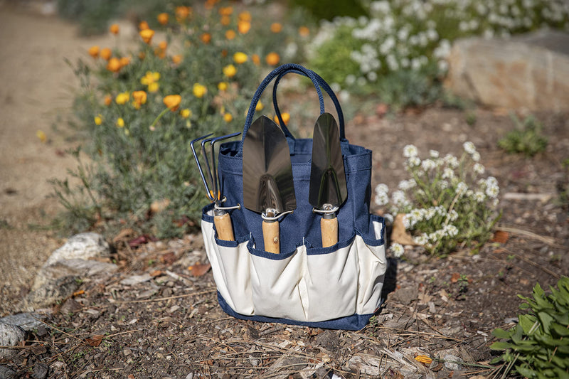 Picnic TIME Disney Mickey Mouse Garden Tote with Tool Set, Durable Garden Tool Organizer Bag with 3 Hand Tools and Exterior Pockets, Giftable Gardening Essential, (Navy Blue with Beige Accents) Disney Mickey Mouse - Navy Blue with Beige Accents
