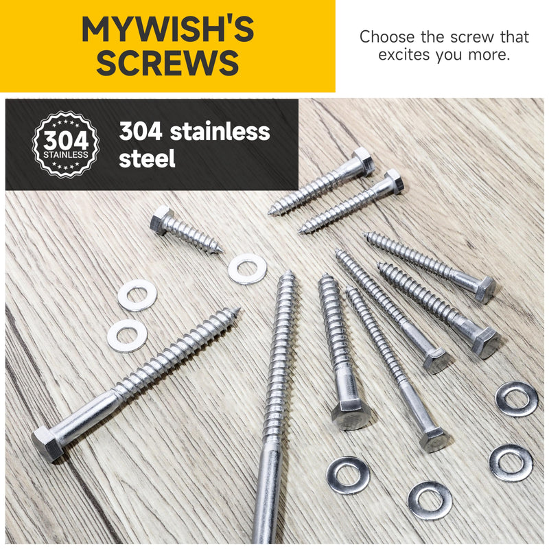 (12Sets) 5/16" x 3" Hex Head Lag Bolts, Heavy Duty Lag Screws with Washers, 304 Stainless Steel Bolts 18-8, Lag Screws Wood Screws, Partial Thread Bright Finish, 5/16 Bolt by Mywish 5/16 x 3" 12