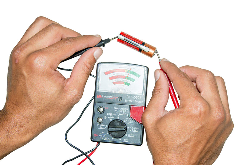 Gardner Bender GBT-500A Analog 1.5 V Button Cell/22.5 Photo/AA/AAA/12 V/9 V/Lantern Cells & More, Leads Battery Tester,14 Battery Range, Black No Size 14 Battery Range