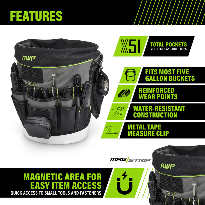 AWP 51-Pocket Bucket Tool Organizer for Easy Tool Access, Fits Most 5-Gallon Buckets, Water-Resistant Construction,Black - NewNest Australia