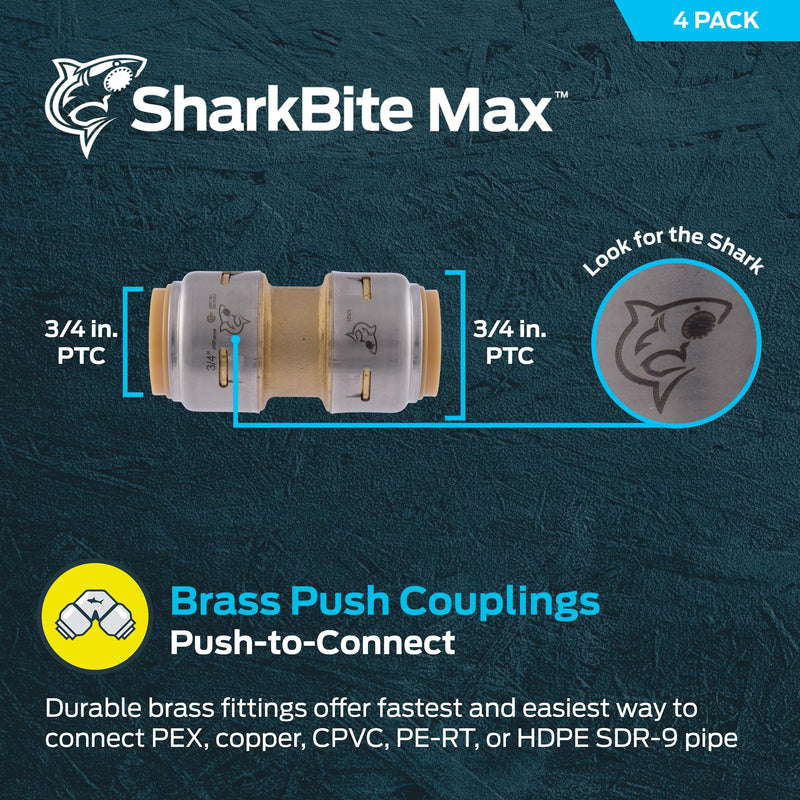 SharkBite Max 3/4 Inch Coupling, Pack of 4, Push to Connect Brass Plumbing Fitting, PEX Pipe, Copper, CPVC, PE-RT, HDPE, UR016A8 3/4 in., 4 Pack