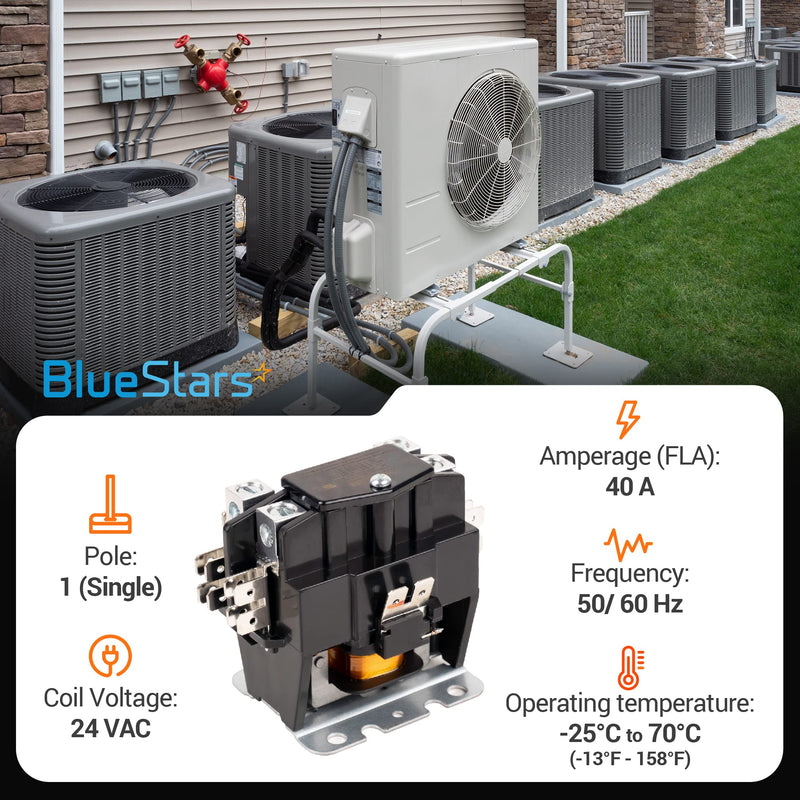 BlueStars Ultra Durable C130A 1 Pole Contactor 40 Amp 24VAC Coil - Compatible with Relays, Air Conditioner, Heat Pump, Refrigeration Systems 1 Pole - 40 Amp - 24VAC