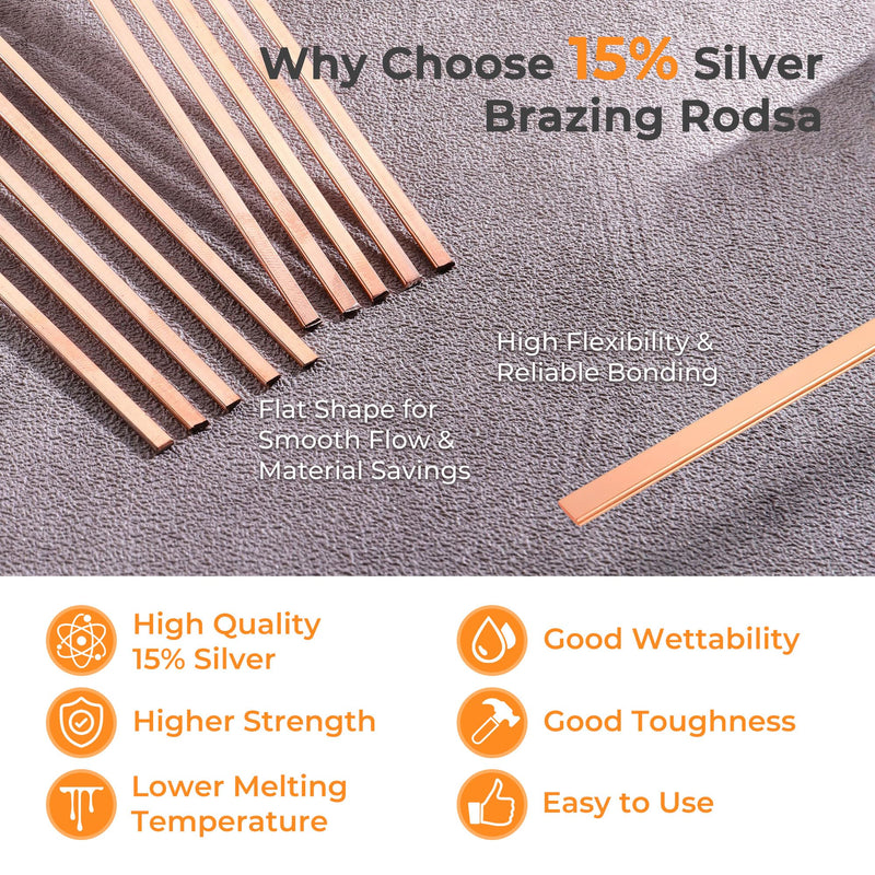 15% Silver Brazing Rods – 40 Sticks Flat Phos Copper Welding Rods for HVAC, Air Conditioner, Refrigerator – AWS BCuP-5 Silver Solder Brazing Alloy