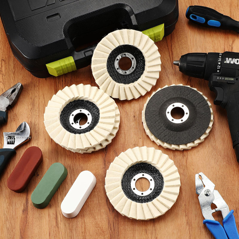 8 Pcs Wool Polishing Wheel Disc and Polishing Compounds Set Includes 5 Thicken Arbor Buffing Wheel 3 Buffing Compound 4 1/2 x 7/8 Inch Felt Flap Disc for Angle Grinder, Multi Surface
