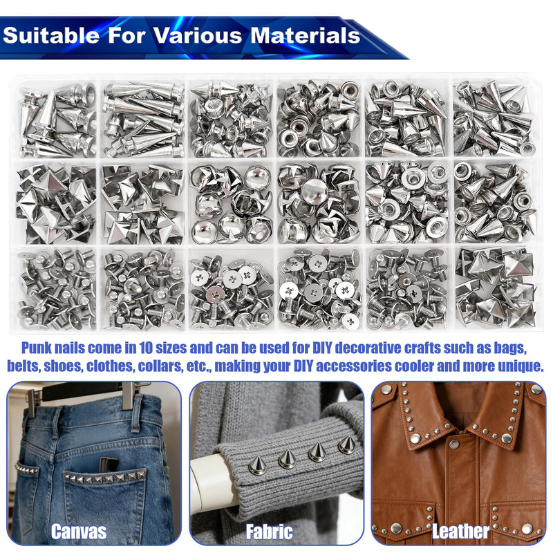 CeeVian Punk Studs for Clothing 455PCS Silver Punk Studs Rivets Kit 10 Size Metal Alloy DIY Spikes for Leathercraft and Punk Style Clothing Accessories DIY Craft Decoration Dog Collar 455