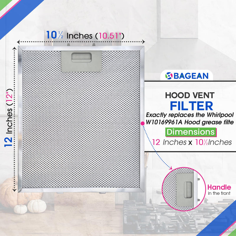 Range Hood Filter Replacement 12" x 10.5" for W10169961A Whirlpool Vent Hood Filter - Aluminum Mesh Stove Vent Filter - Blocks and Filters Kitchen Air Grease in Oven Overhead Exhaust Fan (2) 2