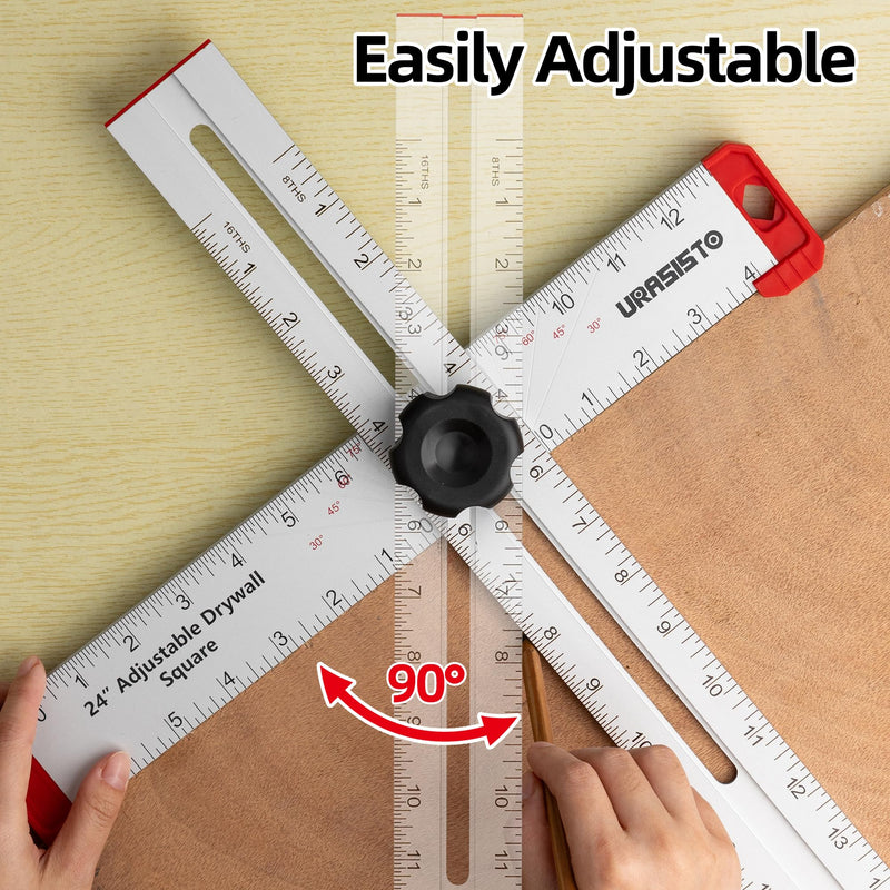 URASISTO 24 Inch T-Square Tool, Aluminum Adjustable Drywall T-Square Ruler, Multi Angle Measuring Ruler for Layout and Marking