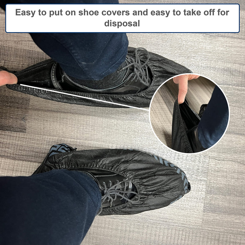 100 Pack Extra Large Disposable Black Boot and Shoe Covers. Reusable Water Resistant Durable Booties with Non Slip Treads for Indoor Use. Fits US Men's Size 14 and Women's 16 Shoe Size
