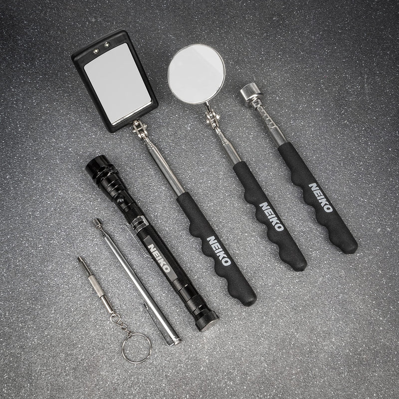 NEIKO 20736A (6) Piece Set, Magnetic Tool & Telescoping Mirror Set, Adjustable Telescoping Magnetic Pickup Tool, Flashlight 15lb Retriever Tool, 360 Swivel, Magnet Mirror, Magnetic Tools for Mechanic Pick Up Tool 6 Piece Set