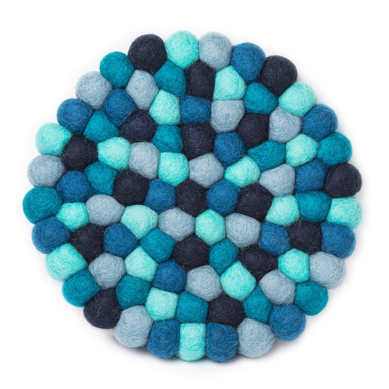 Abbott Collection Felt Ball Trivet - Blue | Heat-Resistant Wool, Handmade in Nepal by Female Artisans, Fair Trade Certified, Wool, 8"D Blu Felt Ball Trivet-8"D