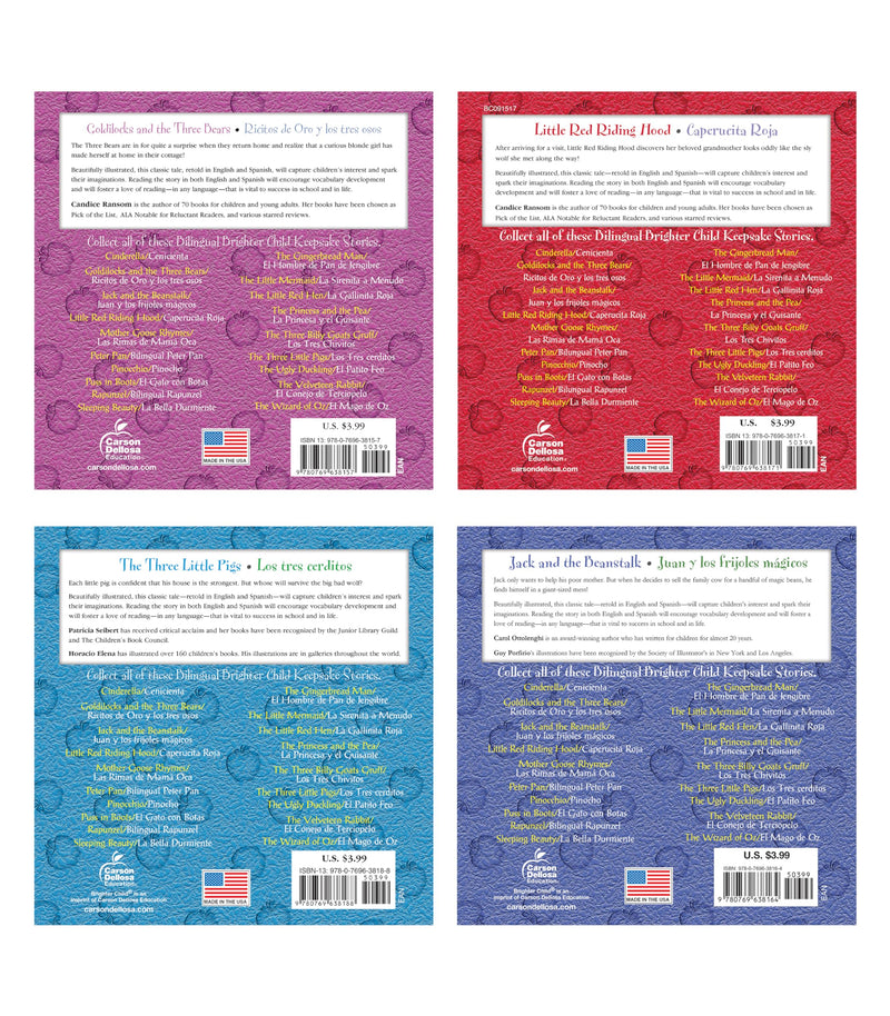 Carson Dellosa Keepsake Stories Classic Children's Fairy Tales in Spanish and English Book Set, The Three Little Pigs, Little Red Riding Hood, Goldilocks, Jack & the Beanstalk Bilingual Books for Kids Bilingual Set 1