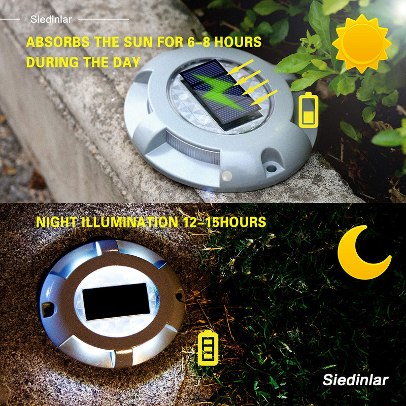SIEDiNLAR Solar Deck Lights Driveway Dock LED Light Solar Powered Outdoor Waterproof Road Markers for Step Sidewalk Stair Garden Ground Pathway Yard 4 Pack (White) White Light