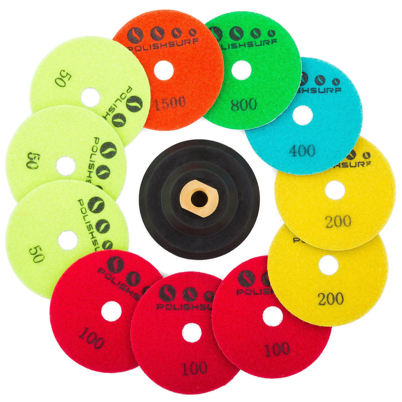 Diamond Polishing Pads 4 inch Wet/Dry Set of 11+1 Backer Pad for Granite Concrete Marble Polishing Plus eBook - Polishing Process Best Practices by POLISHSURF