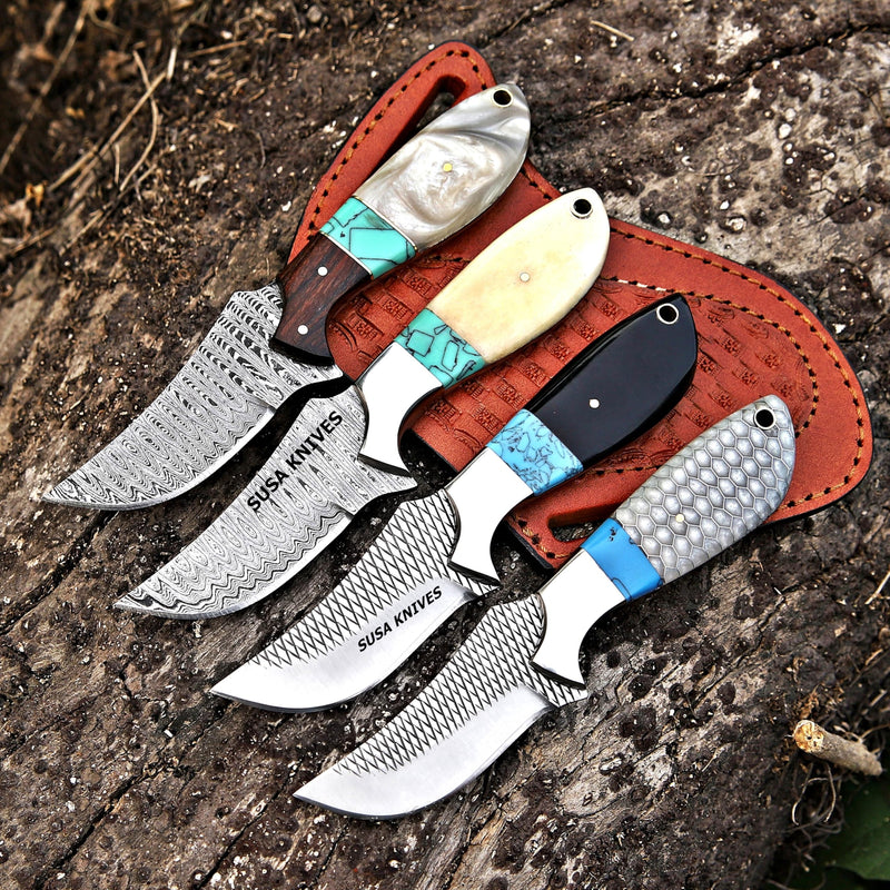 Custom Handmade 7'' fixed blade hoof rasp knife Cow boy knife Turquoise Handle Damascus steel Bull cutter, cowboy knives with pancake leather sheath (RESIN) RESIN