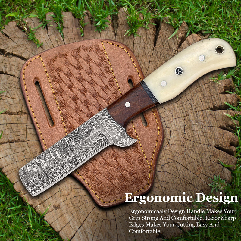 Cowboy Knives with Leather Sheath - 8” Sharp Handmade Damascus Bull Cutter Knife - EDC Fixed Blade Hunting Knife for Skinning, Camping, Bushcrafting and Outdoor Activities
