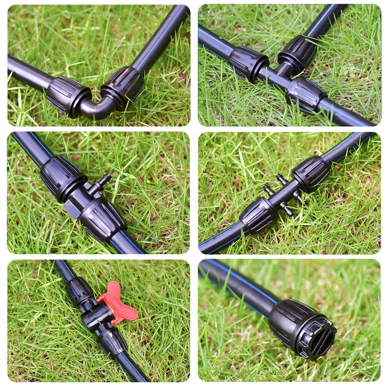 20Pcs Drip Irrigation Fittings Kit Connectors for 1/2 Inch Tubing, PE Tubing Fittings - 2 Switch Valves, 4 Tee, 2 End, 4 1/2" to 1/4" Tee,2 Elbows 2 Thread Adapters,4Pcs 1/2" to 1/4" Six Way 20P-Set