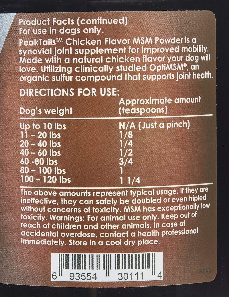 KALA HEALTH PeakTails Chicken Flavored MSM Powder for Dogs, 1 lb, Hip and Joint Support Supplement, 99.9% Pure Distilled MSM, Made in The USA - PawsPlanet Australia