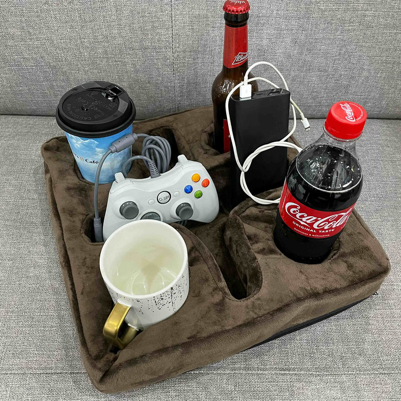 Couch and Bed Cup Holder Pillow, Sofa Refreshment Tray for Drinks/Remote Control/Snacks Holder (Brown) Brown