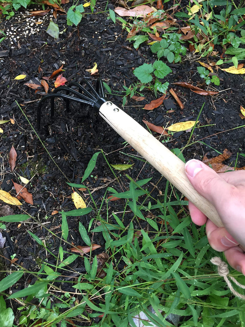 Garden Guru Hand Rake Cultivator Claw Soil Tiller - Military Grade Steel - Rust Resistant - 5 Tine Japanese Ninja Claw - Comfortable Wood Handle - Perfect Pulverized and Aerated Soil 1 Pack Long Handle