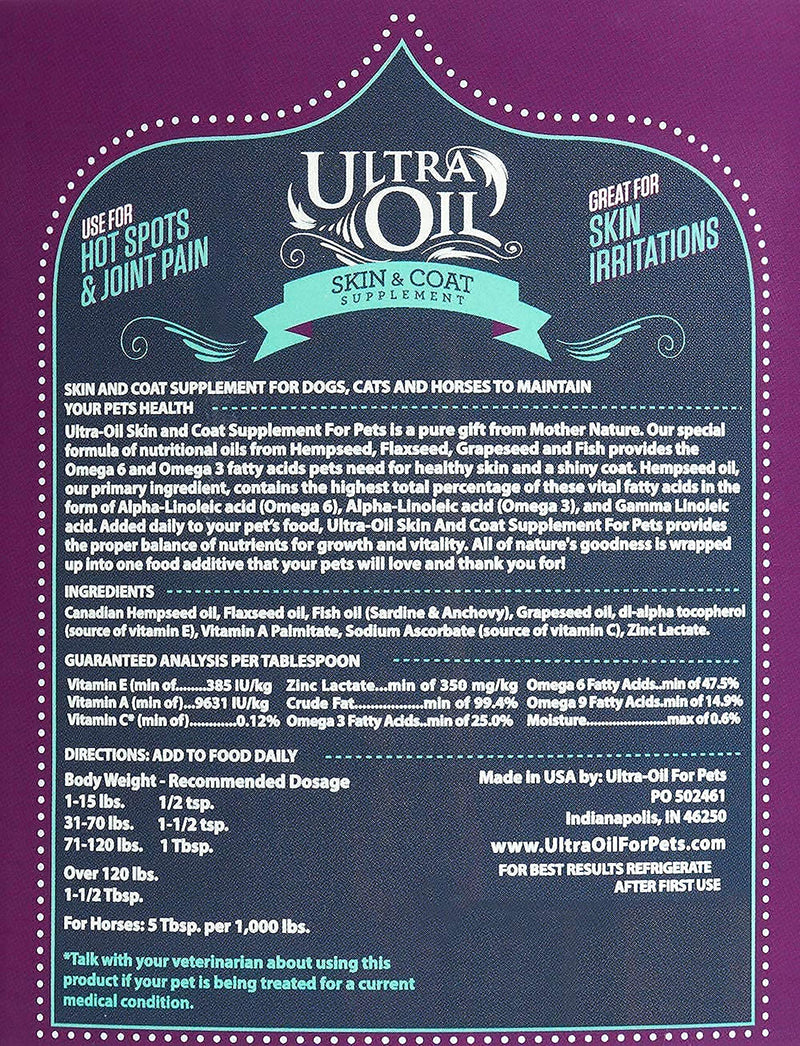 Ultra Oil Skin & Coat Supplement for Dogs & Cats with Hemp, Flaxseed, Grape Seed, Fish Oils - 16oz - PawsPlanet Australia
