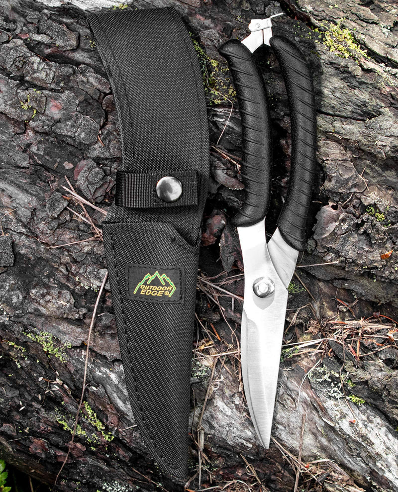 Outdoor Edge Game Shears - Spring Loaded with Serrated Edge and Bone-Breaking Notch for Quartering Birds, Small Game, and Fish with Nylon Belt Sheath