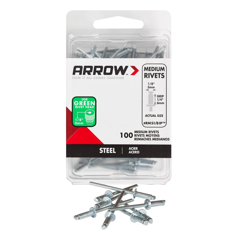 Arrow RMS1/8IP Medium Steel 1/8-Inch Pop Rivets for Metal, Fabric, Leather, and Auto Repair, 100-Pack