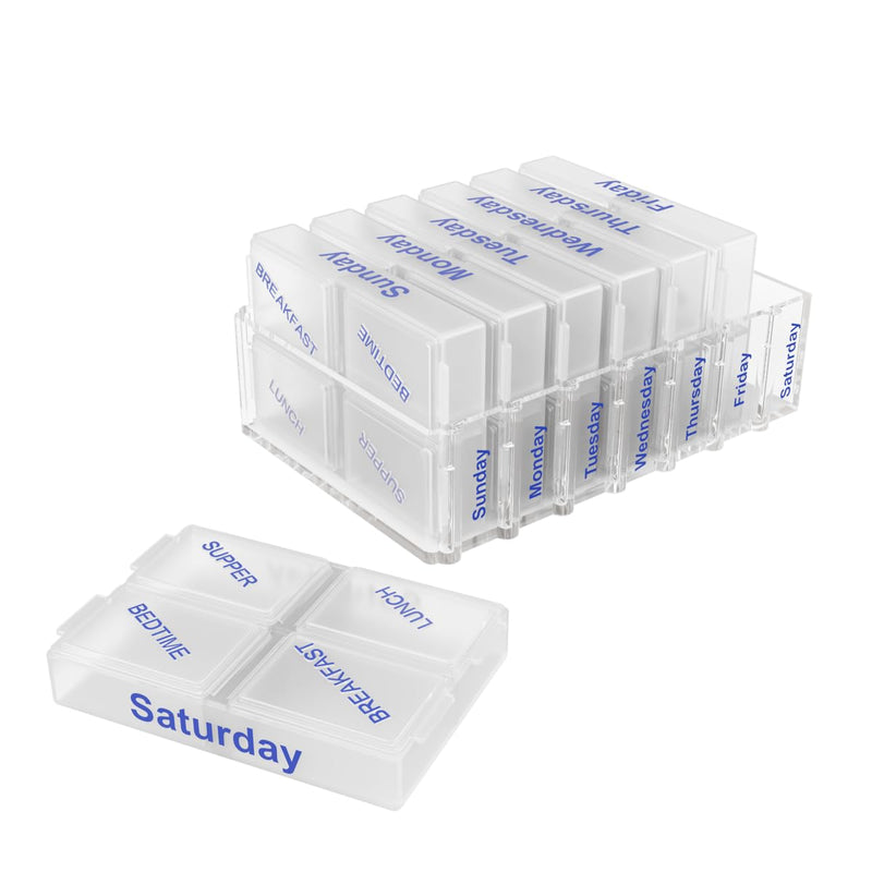 EZY DOSE Weekly (7-Day) Pill Case, Medicine Planner, Vitamin Organizer Box, Pop-Out Compartments, 4 Times a Day, Pocket Sized and Travel Friendly, Clear Lids, BPA Free
