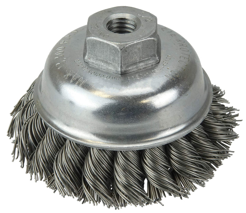Weiler 13155 3-1/2" Single Row Knot Wire Cup Brush, .023" Steel Fill, 1/2"-13 UNC Nut, Made in The USA 3-1/2" Dia .023" Wire Size