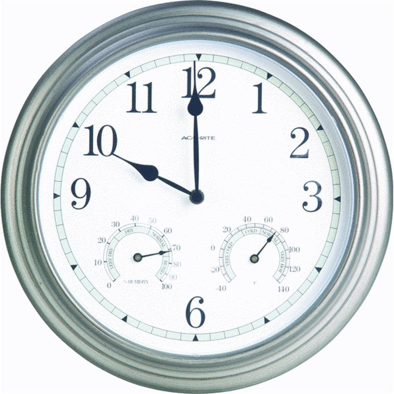 AcuRite 14-inch Indoor/Outdoor Wall Clock with Thermometer and Hygrometer, Pewter 13-inch
