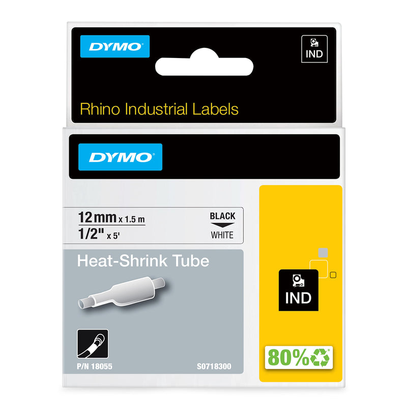 DYMO Rhino Industrial Heat-Shrink Labels, 1/2" Tube, Black Print on White Black on White 1/2" (12MM)