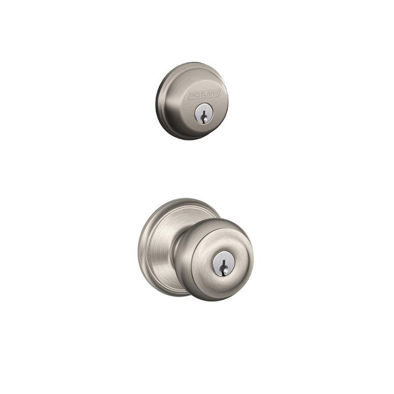 SCHLAGE Satin Nickel FB50N V GEO 619 B60 Single Cylinder Deadbolt and F51 Entry Georgian Knob Keyed Alike, Finish, Security Set Security Set_Georgian