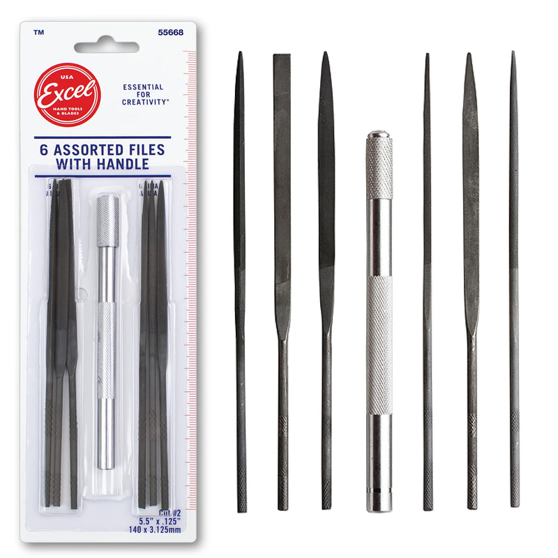 Excel Blades Hardened Alloy Strength Steel - Mini Needle File Set Includes Flat, Flat Warding, Square, Triangular, Round, and Half-Round File With American Made Aluminum Handle File Set w/ Handle