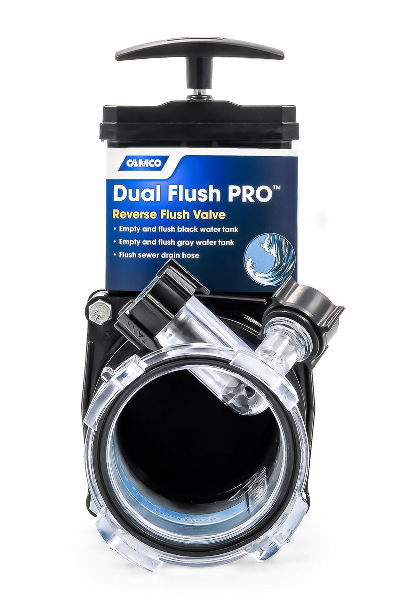 Camco Dual Flush Pro Camper/RV Holding Tank Rinser - Features 3-Inch Gate Valve & Reverse Flush Valve - Empties & Flushes RV Black Water Tanks and RV Sewer Hose (39062) With Gate Valve