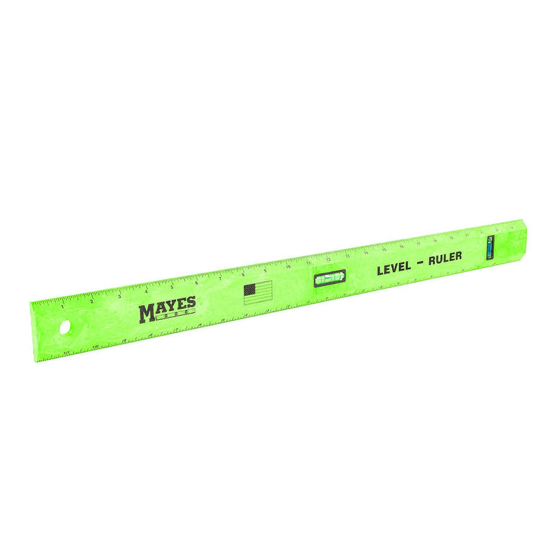 Mayes 10743 Polystyrene Level Rule, 24 Inch Leveler Tool, Straight Edge, Easy to Read Center Finding Measurements, With Plumb and Level Vials, Green Standard