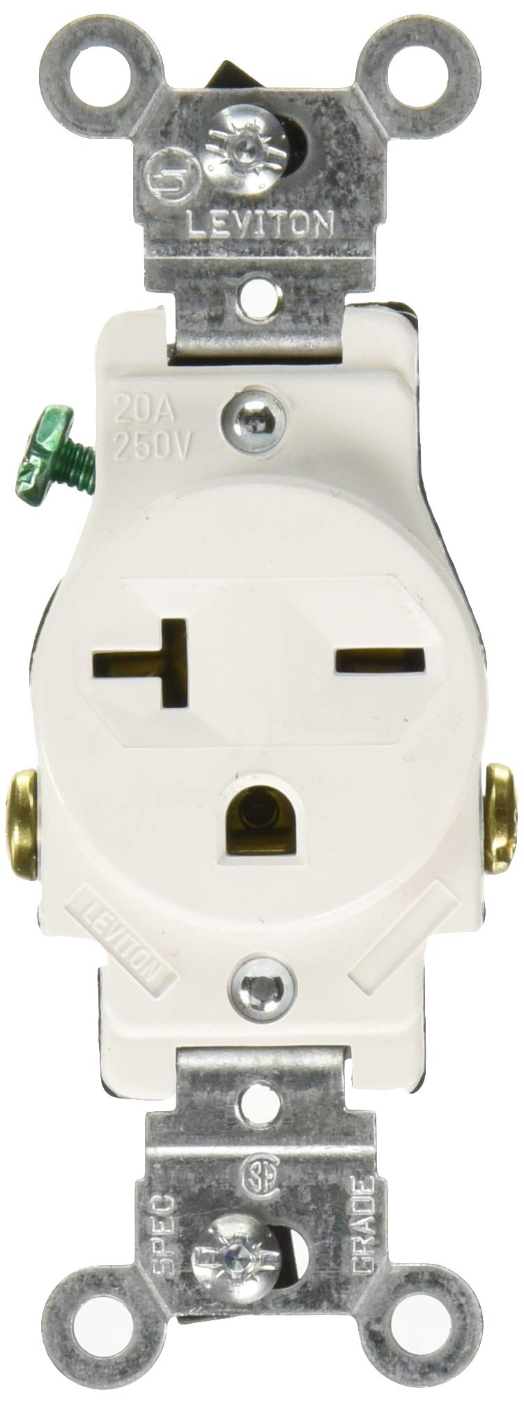 Leviton Single Receptacle Outlet Commercial Specification Grade Smooth Face 20 Amp 250 Volt, Side Wire NEMA 6-20R 2-Pole 3-Wire, White, 5821-W