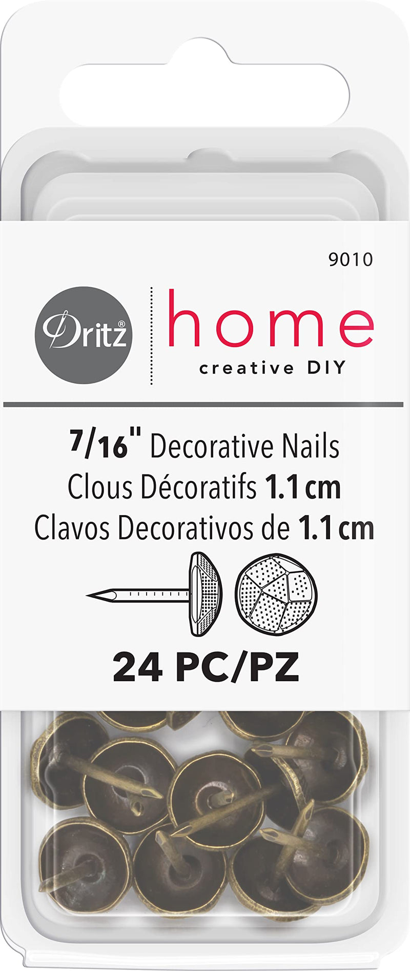 Dritz Home 9010 Hammered Decorative Nails, 7/16-Inch, Antique Brass (24-Piece) 24-Piece