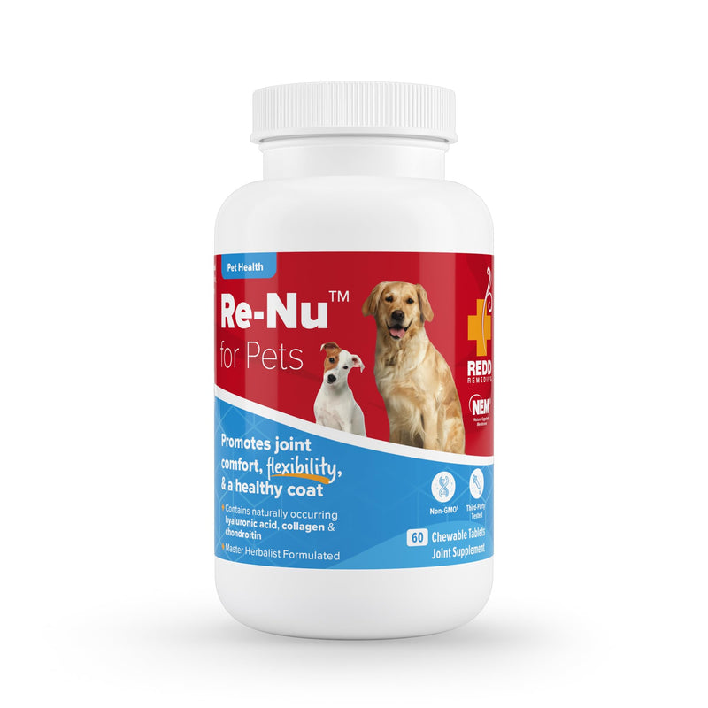 Redd Remedies, RE-NU for Pets, Joint Pain Relief Support for Dogs with Glucosamine, Chondroitin and Collagen from NEM, Calcium and Brewer’s Yeast, 60 Chewable Tablets, Made in the USA - PawsPlanet Australia